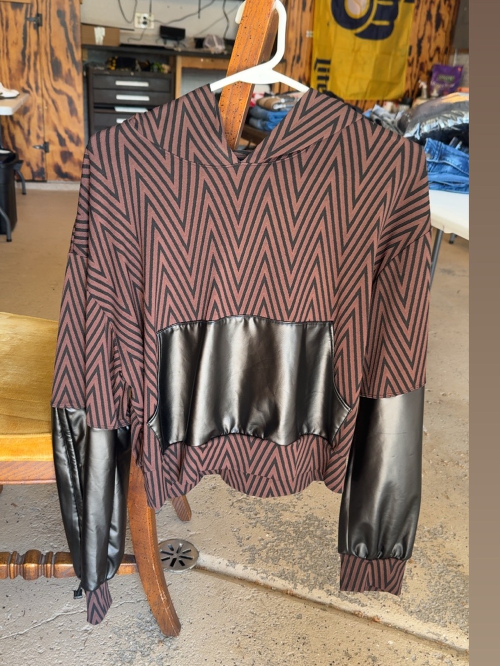 Printed Hooded Sweatshirt with Faux Leather Panels - Brown/Black